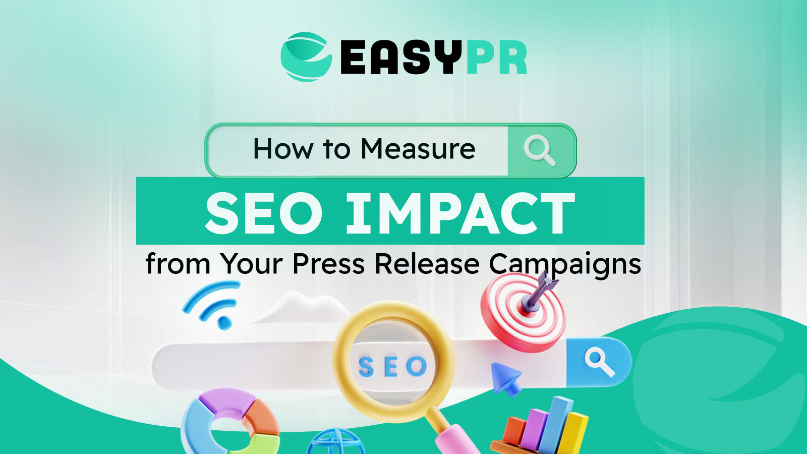 EasyPR guide on how to measure SEO impact from press release campaigns, featuring 3D search icons, analytics charts, and a magnifying glass over a search bar.